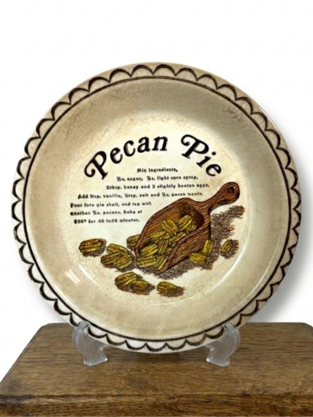 Vintage Pecan Pie Recipe Baking Dish Plate Mid Century Modern Cream Brown 10.50”